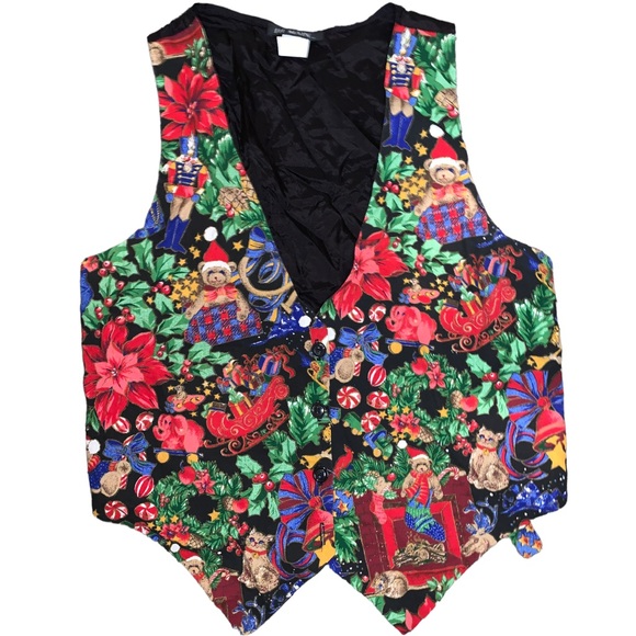 Vintage 111 Main Christmas Vest Medium Festive Holiday Print Waistcoat - Picture 6 of 14